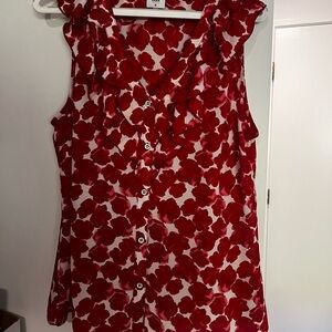 CAbi Red and White Floral Ruffle Blouse